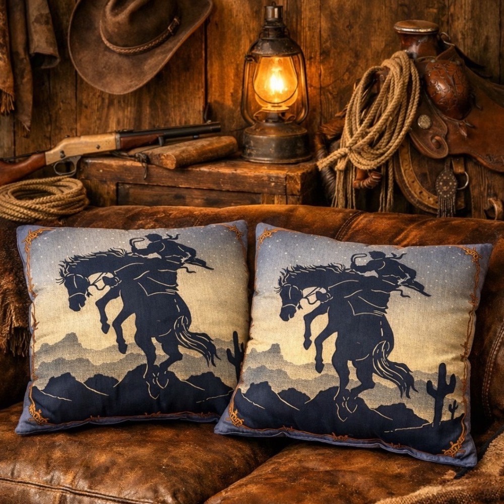 Vintage Western Cowboy Bucking Bronco Throw Pillows Blue Desert‎ Silhouette Set
